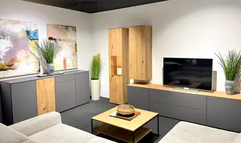 Modernes Wohnzimmer mit TV-Möbeln in Grau-Holz-Optik, Couchtisch, dekorativen Pflanzen und abstrakten Wandbildern in heller, stilvoller Einrichtung.